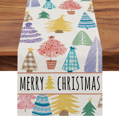 Christmas Trees Merry Xmas Table Runner, Seasonal Winter Holiday Kitchen Dining Table Decoration For Indoor Outdoor Home Party Decor 13 X 72 Inch