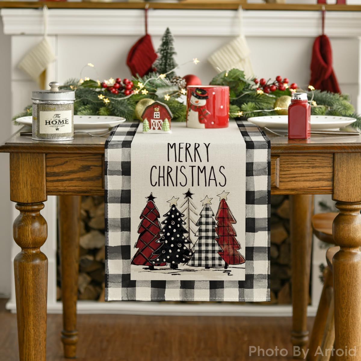 Christmas Trees Merry Xmas Table Runner, Seasonal Winter Holiday Kitchen Dining Table Decoration For Indoor Outdoor Home Party Decor 13 X 72 Inch